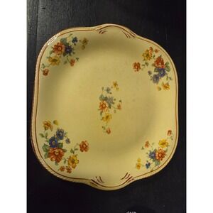 Antique Crown Potteries Co CP Co Floral Scalloped Square Cake Plate Yellow 9in